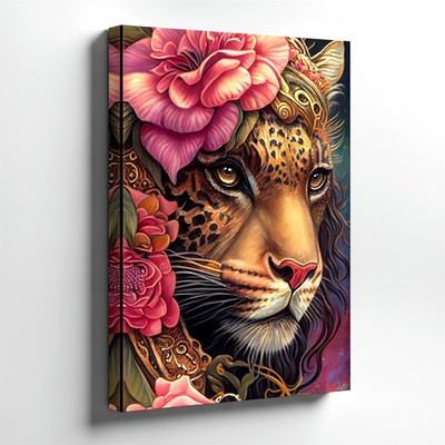 Canvas Portrait Floral Leopard Pink Roses Big Cat Poster Gallery Artwork Decor