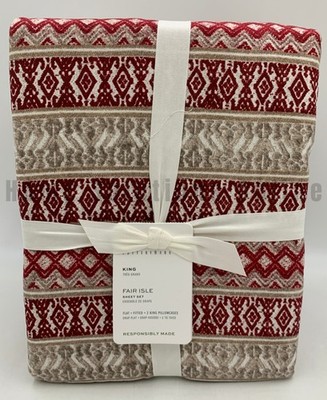 Pottery Barn Fair Isle Cotton Sheet Set Red Multi King #B1083