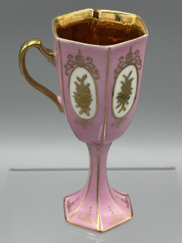 Antique Porcelain Pedestal Goblet Cabinet Cup Pink Gold Gilt Hexagonal 6164A