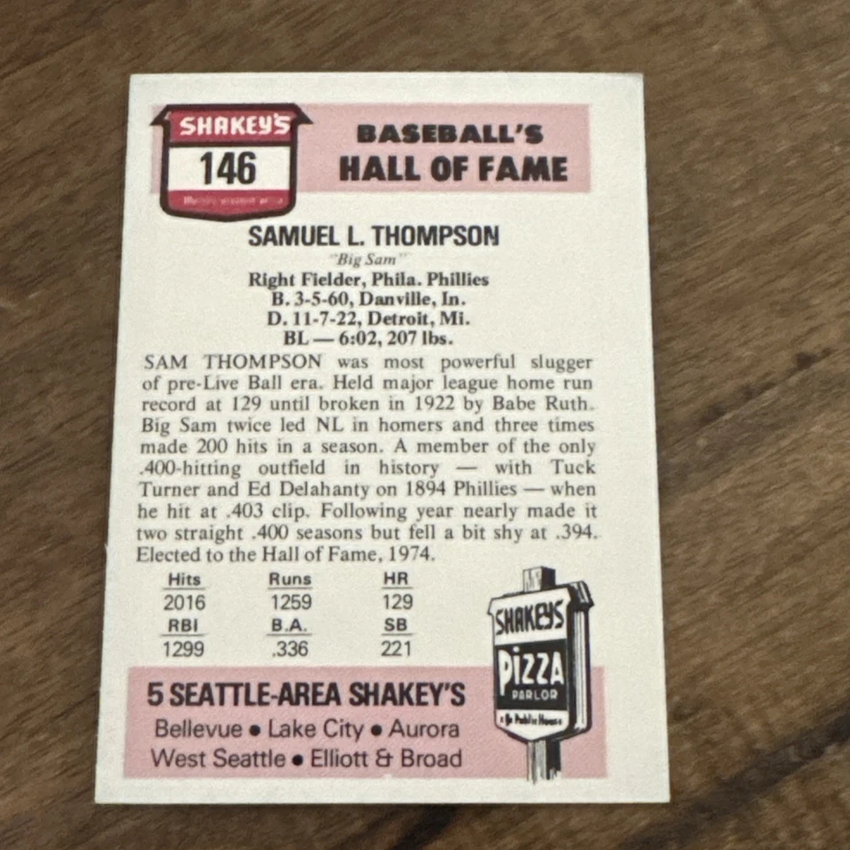Shakey's Pizza #146 1976 Sam Thompson - Phila Phillies ¡Súper raro Shakeys! Foto 2 de 2