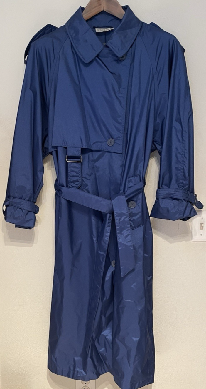 Vintage Raincoat Womens Size 16 Blue Maxi Unbranded Nylon Taffeta Rubberized-image