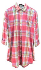 Lauren Ralph Lauren Night Shirt M Pink Plaid Embroidered Light Woven Cotton