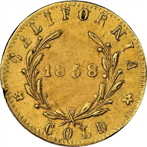 1858 1/2 CALIFORNIA GOLD LIBERTY - WREATH #5 13 STARS, ROUND, 11.6mm / NGC UNC - Picture 3 of 3
