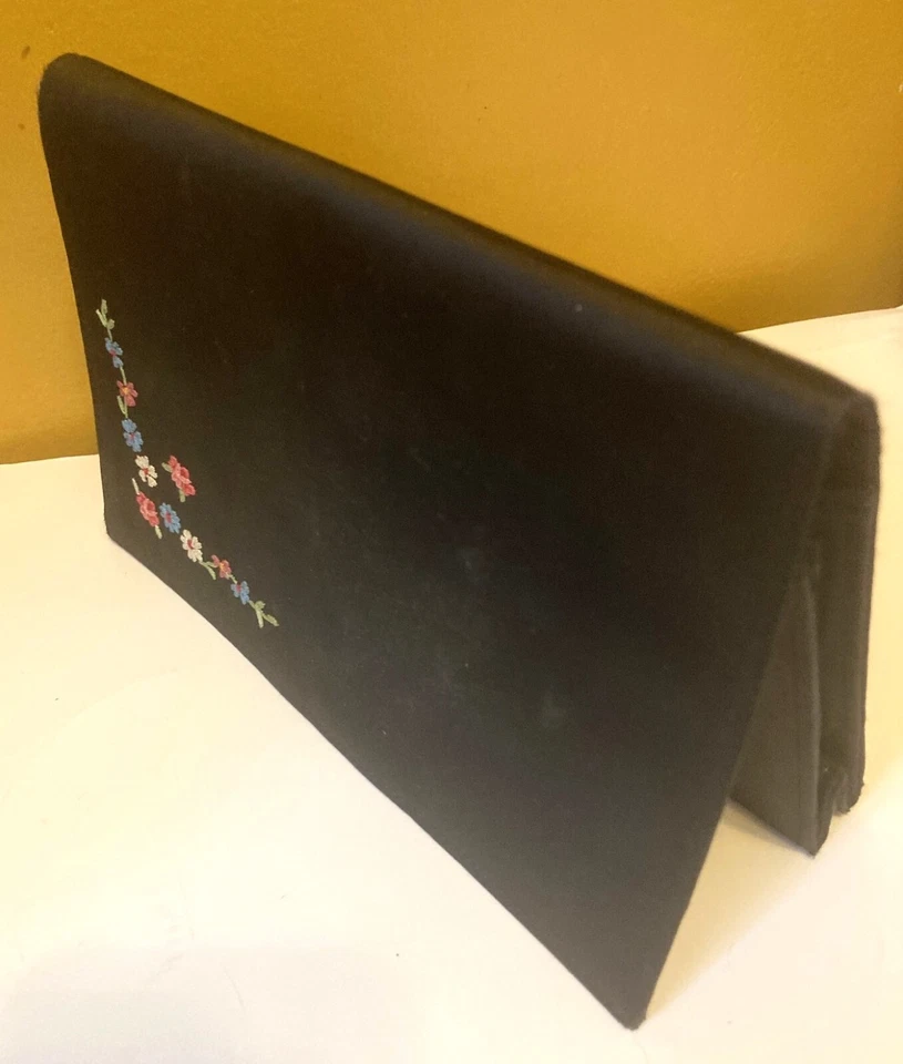 Vtg Satin Fold Over Wallet Black Handmade Floral Embroidery Made in France 7"W - Image 3 of 4