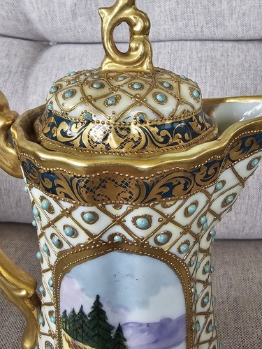 NIPPON NORITAKE Teapot Chocolate Coffee Pot Ewer Beaded Enamel Heavy Raised Gold - Picture 12 of 17