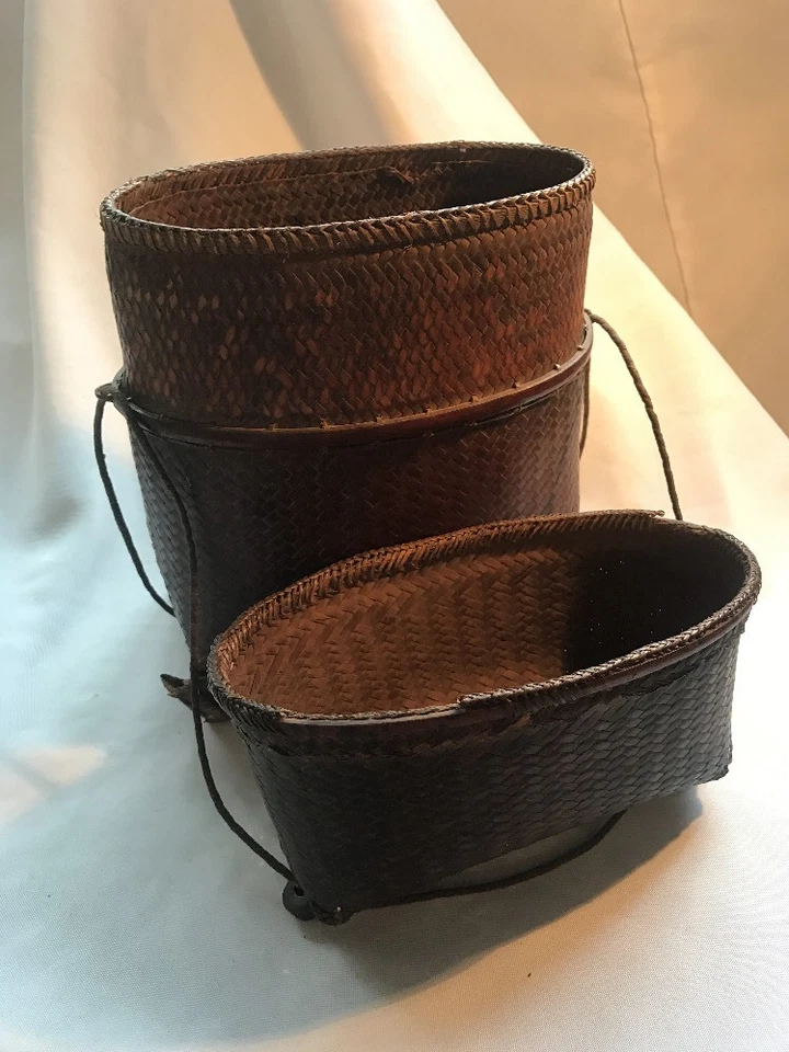 Antique Early Asian Pacific Philippines Artesanial Basket w/Wood Cover & Base - Image 3 of 4