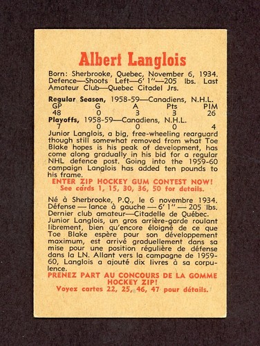 1959-60 PARKHURST  # 45  ALBERT LANGLOIS   26479 - Afbeelding 2 van 2