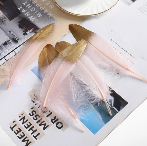 50pcs Blush Pink Gold Dipped Natural Goose Feathers 5-6 inch W/ Gold Tips - Picture 6 of 14