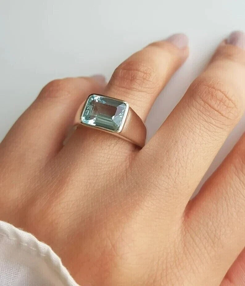 925 Sterling Silber Ring Natürlicher Zertifizierter Aquamarin Astrologischer ... - Bild 3 von 4