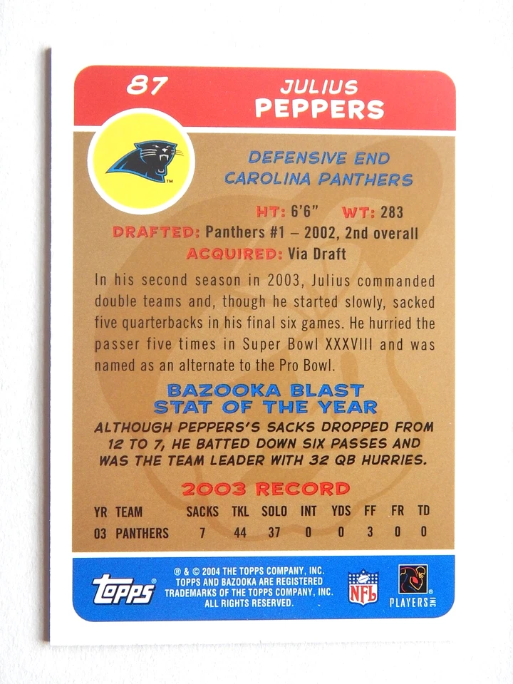 Julius Peppers #87 Bazooka 2004 Football Card (Carolina Panthers) - Image 2 of 2