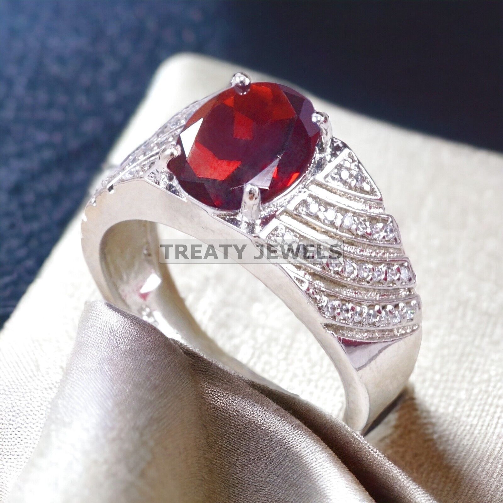 Garnet Oval Cut Gemstone With 925 Sterling Silver Ring For Men's #A358 *