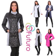 Ladies Quilted Comfy 3/4 Length Stand Up Collar Button Jacket Coat Fz85
