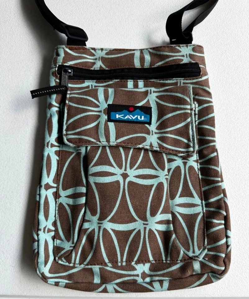 KAVU Keepalong Marrón Azul Estampado Cuerda Eslinga Pequeño Bolso de Lona Cartera Geo 11x9 Foto 2 de 4