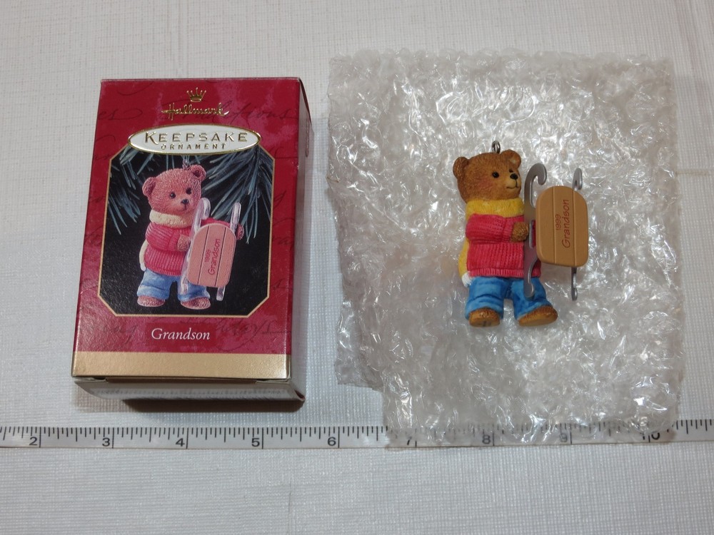 Grandson Hallmark Keepsake Ornament Christmas Bear with sled Die- cast Metal '90