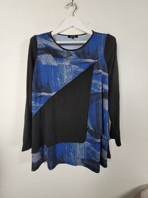 Comfy USA Womens Medium Long Sleeve Abstract Tunic Top Black Blue Asymmetric