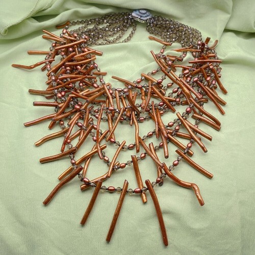 9 Strands Cultured Brown Rice Pearl Golden Coral Crystal Statement Necklace - Picture 2 of 6
