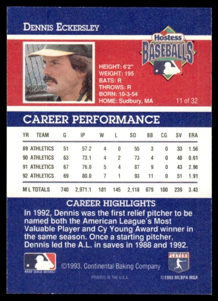 1993 Hostess Dennis Eckersley Oakland Athletics #11 - Image 2 of 2