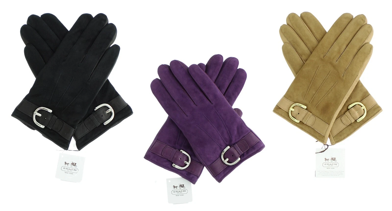 Coach Women's Suede/Leather Gloves F83720, Buckled Coach Gloves, MSRP $148