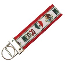 Mexico Key Chain, Mexican Flag Key Fob, Fabric Keychain on Red Background