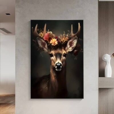 Hirsch Reh Elch alt gerahmt Vintage Gemälde Tiere Leinwand Wandbild Bild Druck