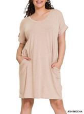 Zenana Premium Mocha Tan Knit Stretch T Shirt Dress Short Sleeve Pockets Sz 2X