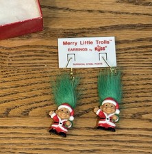 New Old Stock VTG Rare Russ Troll Doll With Green Hair Earrings In Original Box