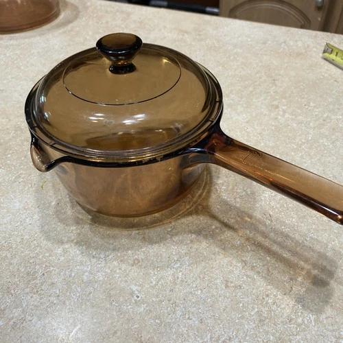 CORNING WARE PYREX VISIONS COOKWARE AMBER 1 L POT SAUCE PAN POUR SPOUT WITH LID