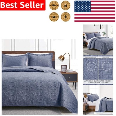 Durable Queen Quilt Set Blue Coin Pattern Lightweight Bedspread Comforter