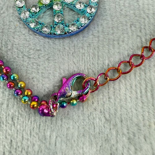 Rainbow Beaded Peace Sign Pendant Necklace With Rhinestone Embellishments - Picture 11 of 16