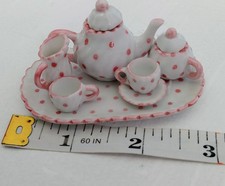 Miniature Pink Polka Dot Hallmark Tea Set Missing One Saucer