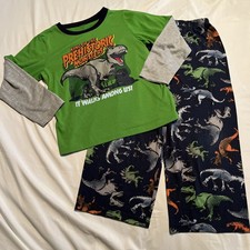   Carter  s Boys 7 Dinosaur Pajama Set 2-Piece Sleep PJs Green Navy T-Rex Winter  