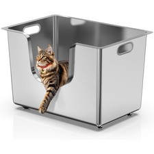 13.8" Stainless Steel Cat Litter Box XL High Sides Metal Kitty Pan w/ Wheels