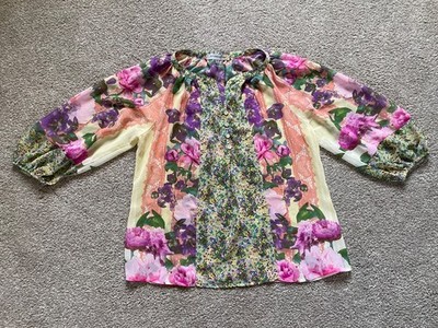 Figueroa and Flower Top Womens M Pink Multi Color Floral Sheer Blouse