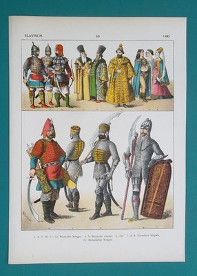 RUSSIA Hungary Bohemia Costume AD 1400 Soldiers Tzar Boyars - 1890s Color Print