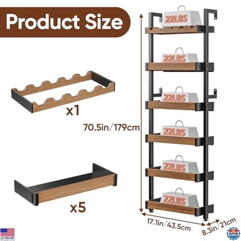 Estante para vino montado en la pared, estante de exhibición de botellas de licor de metal de 6 niveles, ajustable Foto 2 de 4