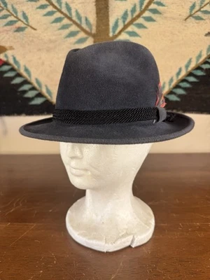 Vintage Flechet Fur Felt Fedora Hat Gray Blue Feather Size 6 7/8 USA - Image 1 of 4