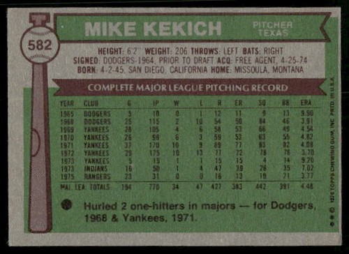 1976 Topps Mike Kekich #582 Texas Rangers - Picture 2 of 2