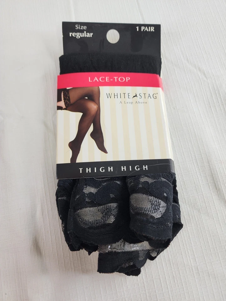 VTG NWT White Stag Black Lace Top True Support Thigh High Regular Size Foto 2 de 4