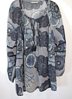 Daniel Rainn Boho Black Gray Print Peasant Blouse Tunic Tie Front, L/S Size 3X
