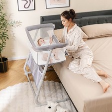 Bedside Crib w/ Mattress 5-Level Adjustable Height Protective Mesh Walls