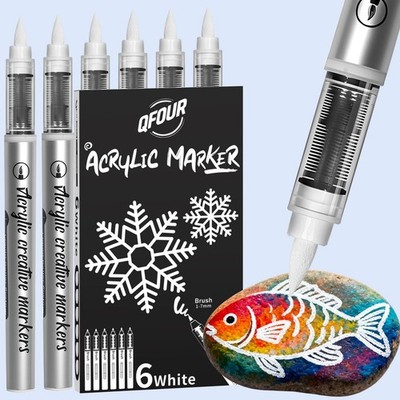 White Paint Pen, 6 Pack White Markers with Automatic Ink System, Brush Tip Pa...