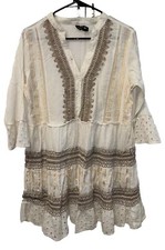me 2 magic dress L Pullover 3/4 Sleeve tiered V Neck Cotton Lace Mixed Media
