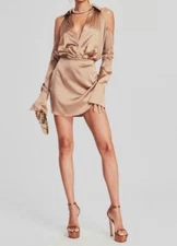 $445 SER.O.YA Womens Brown Shea Silk Cold-Shoulder Long Sleeve Mini Dress Size M