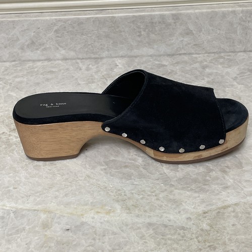 Rag & Bone Mara Clogs Womens 8.5-9 Black Suede Studs Wooden Open Toe Block Heel - Picture 8 of 14