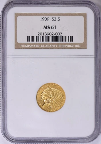 1909 INDIAN HEAD $2.5 QUARTER EAGLE GOLD NGC MS61