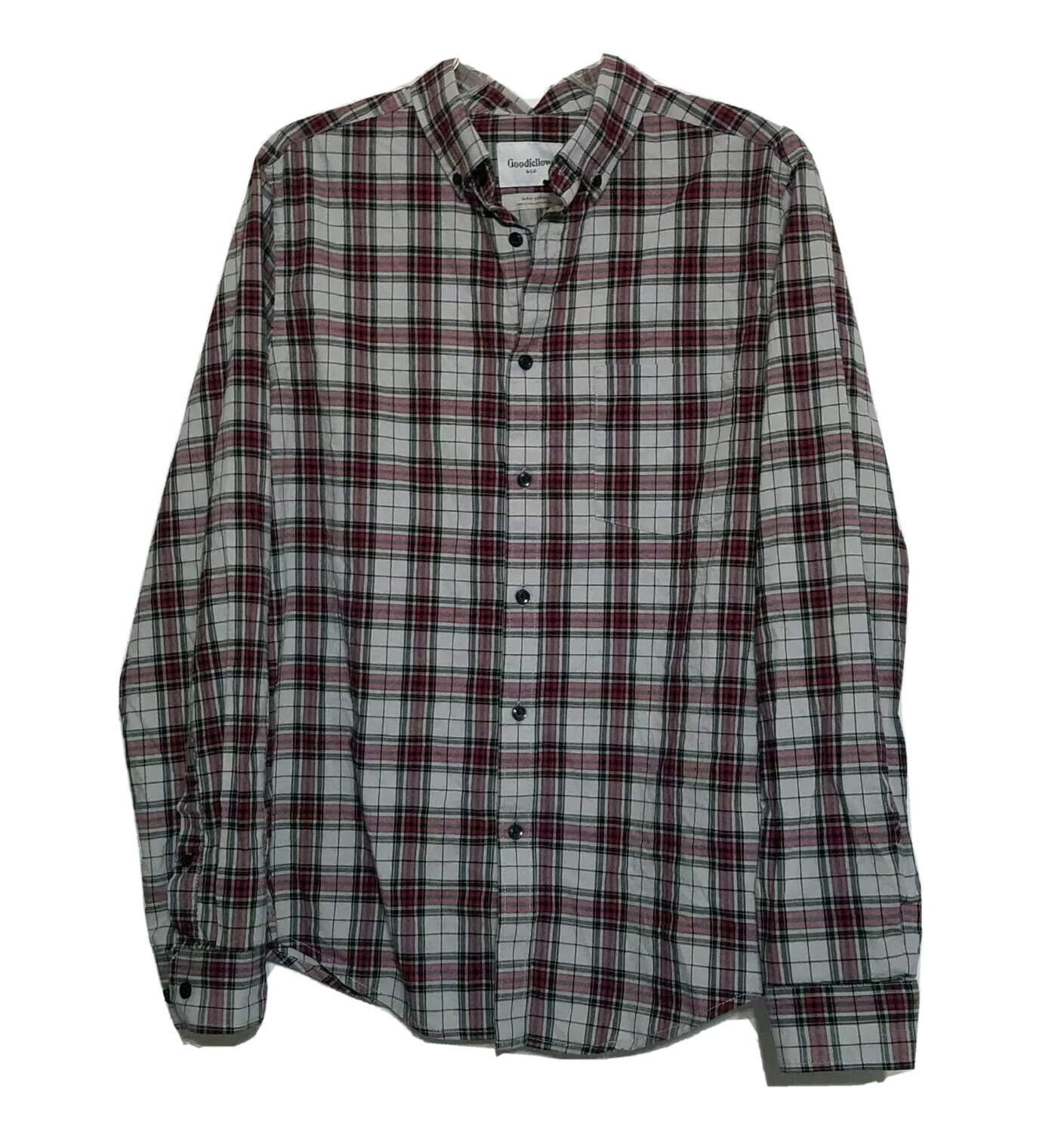Goodfellow Gray Burgundy Plaid Long Sleeve Button Up Shirt Size S