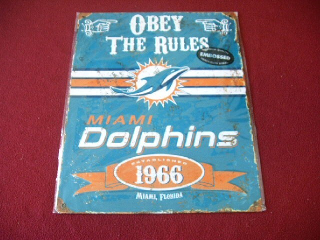 Vintage Miami Dolphins Team NFL Embossed Football Tin Metal Sign Obey The Rules