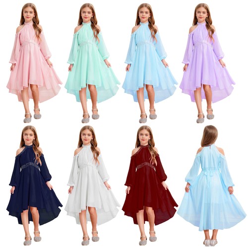 Girls' Off Shoulder Long Sleeve Maxi Dress A Line Flowy High Low Wedding Dress - Picture 5 of 93