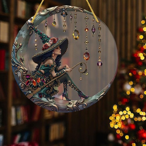 DE. Bruja de Halloween con Luna Ventana Atrapasol, Bruja Ventana Colgante Decoraciones - Imagen 7 de 10