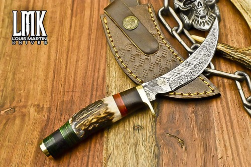 LMK Custom Hunting Skinner Knife Fire Damascus Stag Antler Brass Guard EDC - Picture 5 of 9